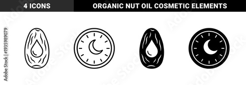 Organic almond seed with oil drop and moon clock hybrid symbols representing overnight skin care and natural beauty treatment extraction