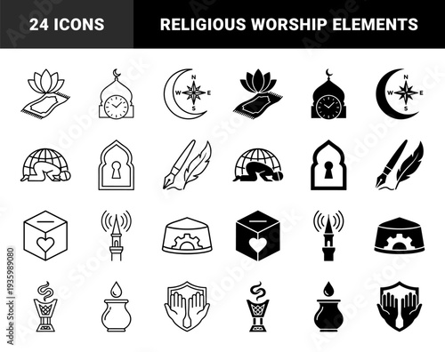 Islamic Religious Hybrid Icon Set Featuring Prayer Rug Lotus Mosque Clock Compass Qibla Charity Box Minaret Signal and Tasbih Prayer Beads