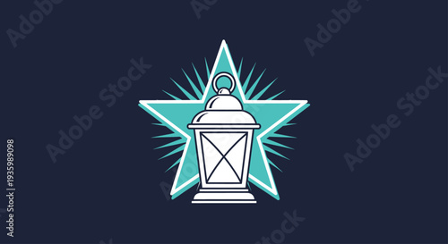 Retro Lantern Icon with Starburst Background on Dark Blue