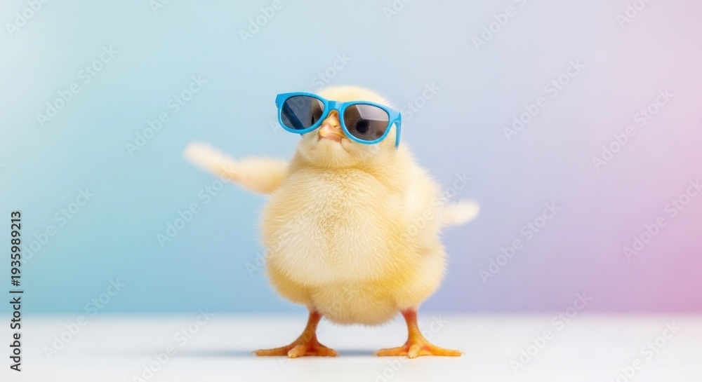 Fototapeta premium Chic chick Fluffy yellow chicklet strikes a pose in cool blue sunglasses
