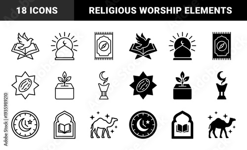 Islamic religious symbols featuring hybrid motifs of quran with dove mosque with sun and prayer rug with compass in outline and solid styles