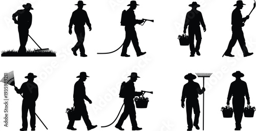 Set of gardener silhouettes performing landscaping and agriculture tasks, isolated black vector workers with tools collection on white background