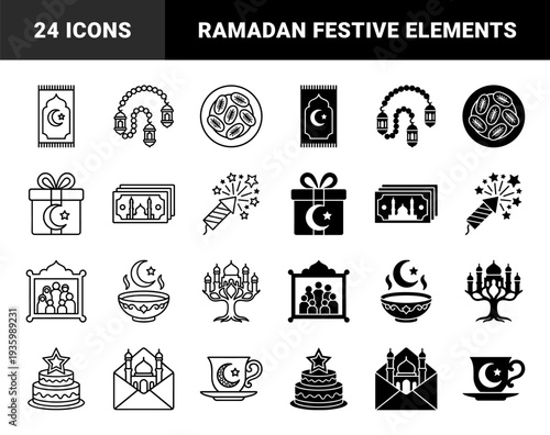 Islamic tradition and festive celebration hybrid linear and solid glyphs featuring moon star motifs integrated with ramadan lanterns prayer rugs and family dinner