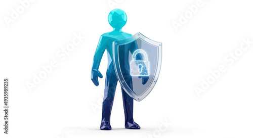 3D Person Holding Shield with Lock Symbol.