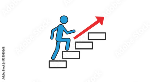 Blue figure climbing stairs with red arrow.