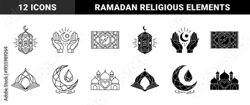 Islamic spiritual symbols and ramadan ritual elements featuring geometric mosque heart hybrid and celestial prayer hands in dual outline and solid style