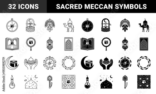 Islamic pilgrimage symbols featuring kaaba integrated into compass prayer rug lantern and crescent moon in dual outline and solid glyph style