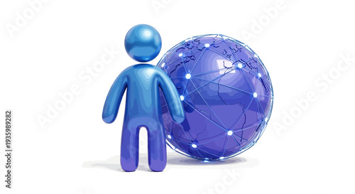 Blue figurine standing next to globe.