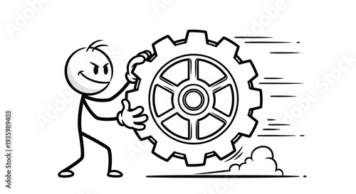 Cartoon Character Turning Large Gear Wheel.
