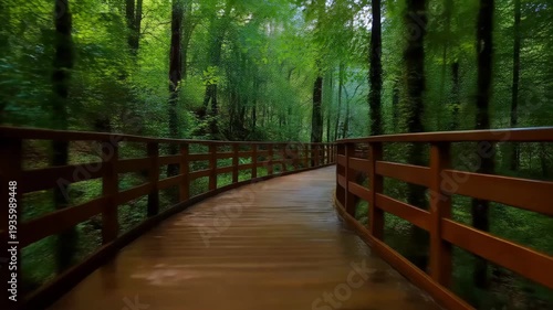 A wooden boardwalk curves through a lush green forest with trees and foliage