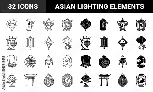 Asian lantern symbols merging traditional lighting with cultural elements like lotus bamboo dragon crane koi fish and zen bonsai in dual outline and solid styles