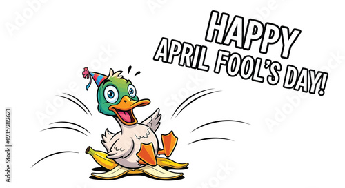 Vector illustration of a duck wearing a party hat sliding on a banana peel on April Fool's Day