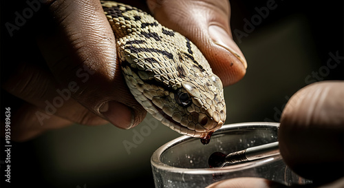 Close-up of a snake's head being milked for venom into a small glass vial