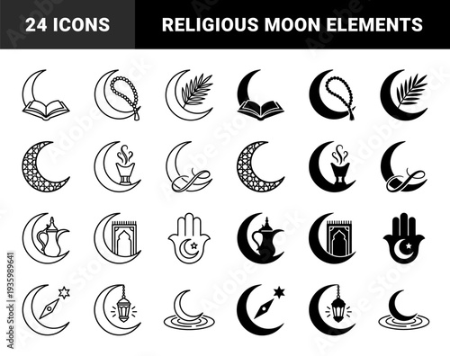 Islamic crescent moon combined with religious symbols including quran prayer beads lantern hamsa and incense burner in outline and solid styles
