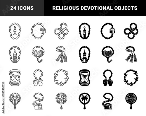 Islamic Prayer Beads Combined with Religious Symbols Including Kaaba Mosque Minaret Quran Palm Tree Dove and Hourglass in Dual Line and Solid Style