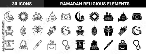 Islamic religious symbols featuring hybrid line and solid styles with mosque crescent moon prayer hands quran lantern and ramadan kareem celebration elements