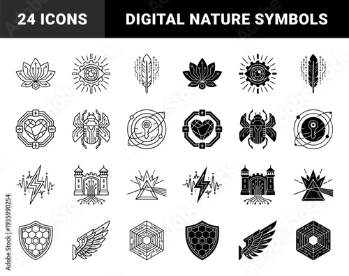 Hybrid cybernetic symbols featuring organic and mechanical fusions including circuit lotus mechanical eye digital beetle and tech heart