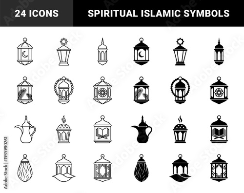 Ramadan lantern collection featuring hybrid spiritual symbols like crescent moon palm leaf prayer beads holy book and hourglass in outline and solid styles