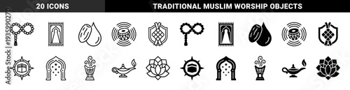 Islamic Cultural Symbols Combining Traditional Elements with Modern Geometric Shapes Featuring Prayer Rugs Dates Incense Burners and Lotus Flowers