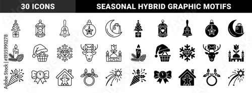 Hybrid holiday symbols merging traditional festive motifs with unique geometric elements featuring dual line and solid styles for seasonal celebration