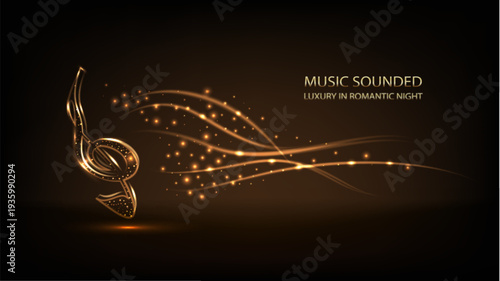 A sparkling golden musical note trails with glittering particles on a luxurious black background, overlaid with "MUSIC SOUNDED" and "LUXURY ROMANTIC NIGHT" text, suggesting elegance and melody.