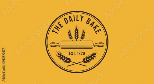 A logo for a bakery with a rolling pin and wheat on a yellow background