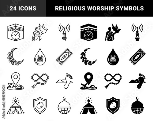 Islamic Pilgrimage Hajj and Umrah Hybrid Symbol Collection Featuring Kaaba Clock Dove Ihram Minaret Signal Zamzam Well and Crescent Moon Graphics