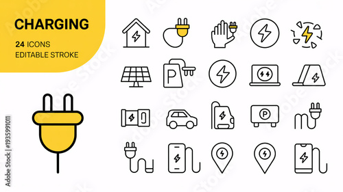 A set of 24 line icons depicting various charging concepts for electric vehicles, devices, and renewable energy.