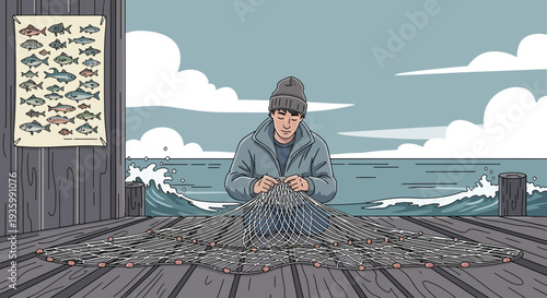 Fisherman Mending Net on Dock by the Sea.
