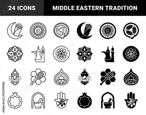 Islamic Cultural Heritage Symbols and Traditional Middle Eastern Culinary Elements Featuring Hybrid Geometric Patterns and Ramadan Kareem Ritual Objects