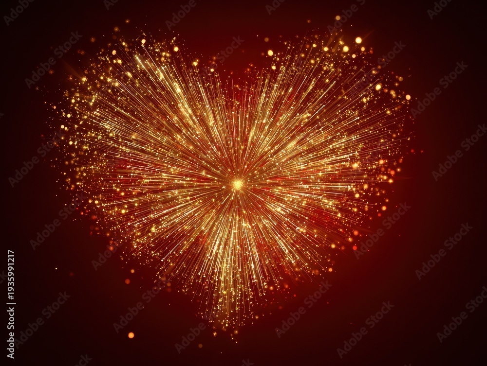 Obraz premium golden fireworks heart burst isolated on a red background