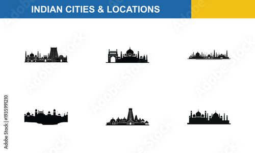 Indian Cities & Locations. Indian cities and locations skylines silhouettes collection. vector