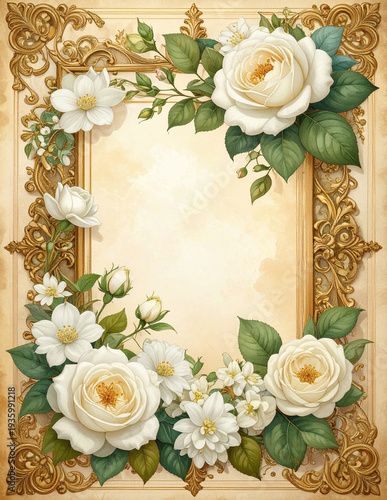 Vintage floral frame with roses and soft pastel botanical details for wedding invitations, greeting cards, stationery, and romantic designs with space for tex