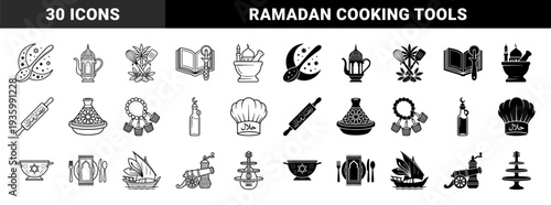 Monochrome Ramadan culinary icons merging Islamic architecture with kitchen tools featuring crescent moon spoons prayer rug plates and mosque mortar