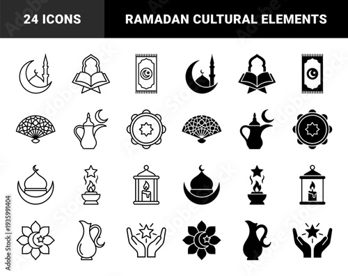 Islamic cultural symbol set featuring hybrid motifs of crescent moon merged with mosque minarets prayer rugs open quran and traditional lanterns in dual stroke and solid style