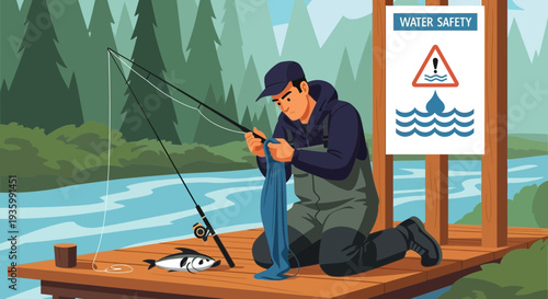 Fisherman preparing fishing gear on wooden dock.