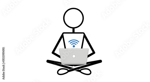 Person Meditating with Laptop and WiFi Symbol.