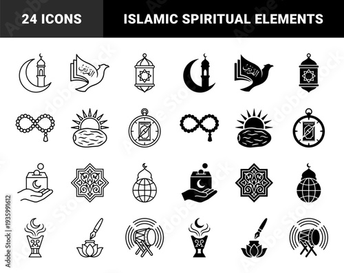 Islamic religious symbols featuring hybrid silhouettes of moon minarets prayer beads and quran dove combinations in linear and solid styles