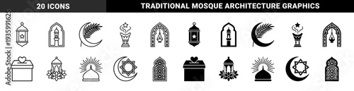 Islamic religious symbols featuring hybrid lanterns with stars crescent moons with palm leaves and ornate mosque arches in dual outline and solid styles