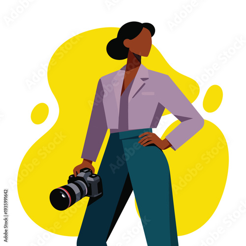 Confident professional woman photographer holding a camera, standing against a vibrant yellow abstract background, showcasing her passion for photography.