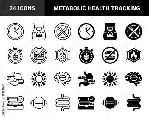 Intermittent Fasting and Metabolic Health Icons featuring Hybrid Designs of Clocks Hourglasses and Digestive Organs for Nutrition Tracking