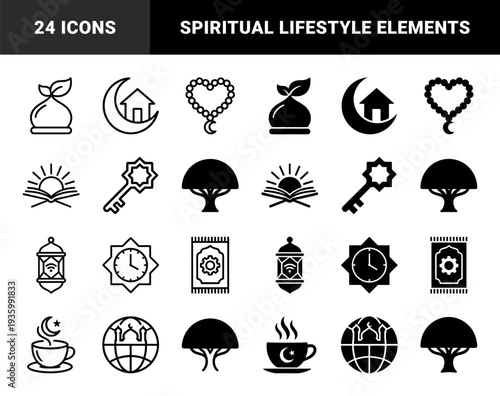 Islamic spiritual hybrid icons merging religious symbols with daily life elements including crescent moon home book sun prayer rug and coffee cup