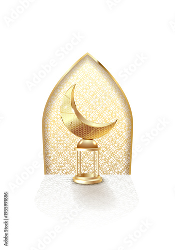 Golden ramadan kareem lantern hang on crescent moon.