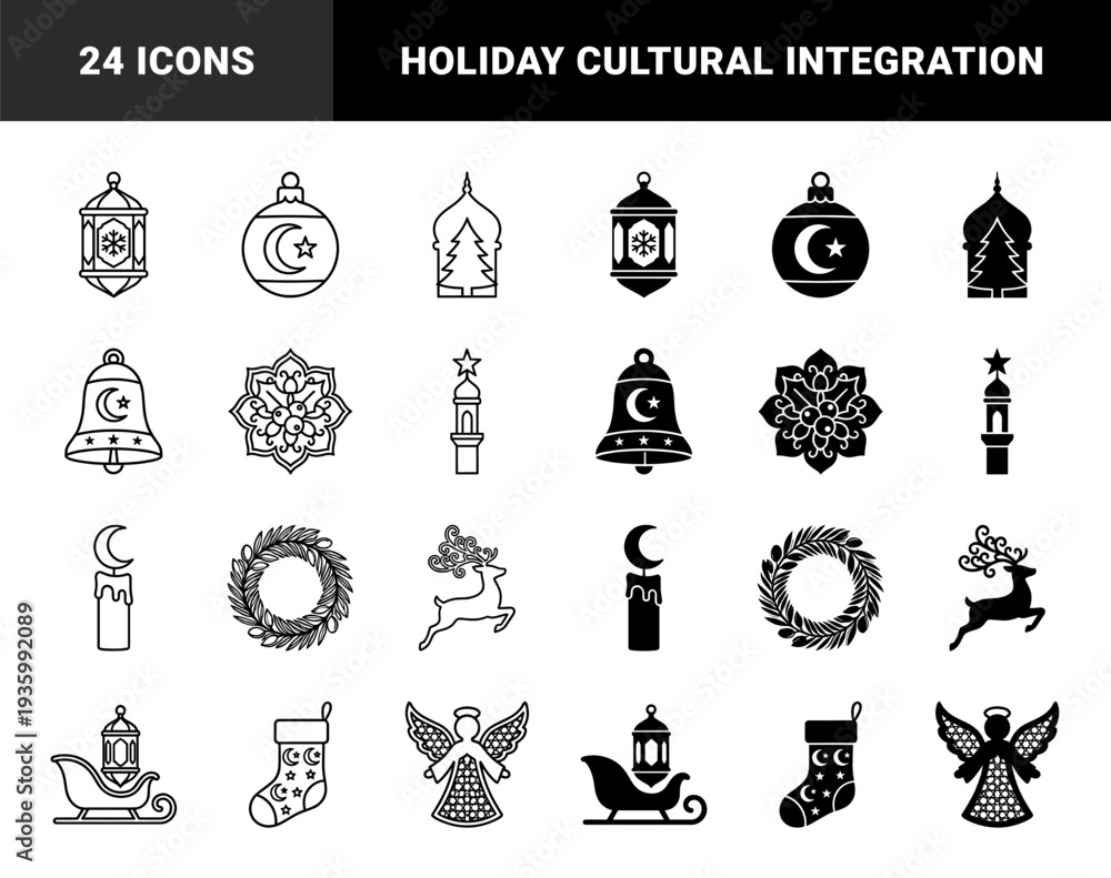 Naklejka premium Hybrid cultural celebration symbols merging traditional Islamic motifs with classic Christmas holiday elements in linear and solid styles for festive fusion design