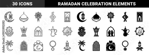 Islamic cultural symbols featuring dual outline and solid styles including crescent moon lanterns prayer mats and ramadan decoration elements