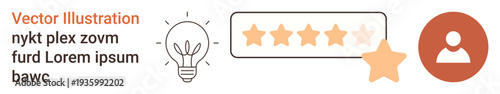 Customer experience, user feedback, innovation, ratings, evaluation, creativity. Lightbulb, star rating scale and user icon . Customer feedback and user experience concept