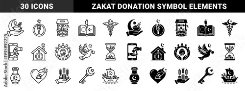 Islamic charity and financial donation icons featuring crescent moon and star merged with wheat coin scales and heart symbols for zakat and sadaqah