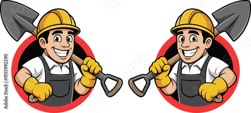 cartoon construction worker holding shovel mascot, builder character illustration with safety helmet, handyman labor profession vector design