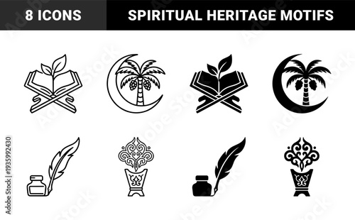 Islamic heritage symbol collection featuring hybrid motifs with open book sprout palm tree crescent moon inkwell quill and ornamental incense burner