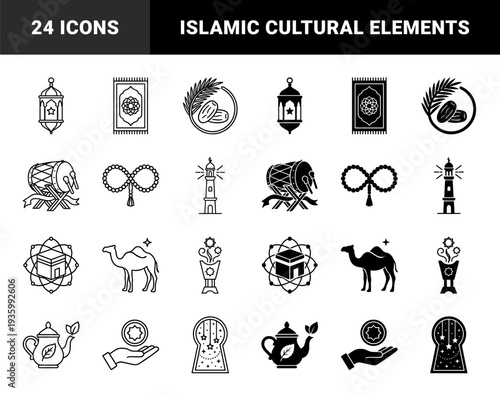 Islamic heritage symbol set featuring hybrid ramadan designs with lanterns prayer rugs dates drums prayer beads mosque towers kaaba camel incense and tea